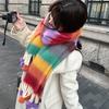 Women Scarf Rainbow Color Striped Scarf with Plush Balls Tassel Winter Thickened Warm Couple Scarf