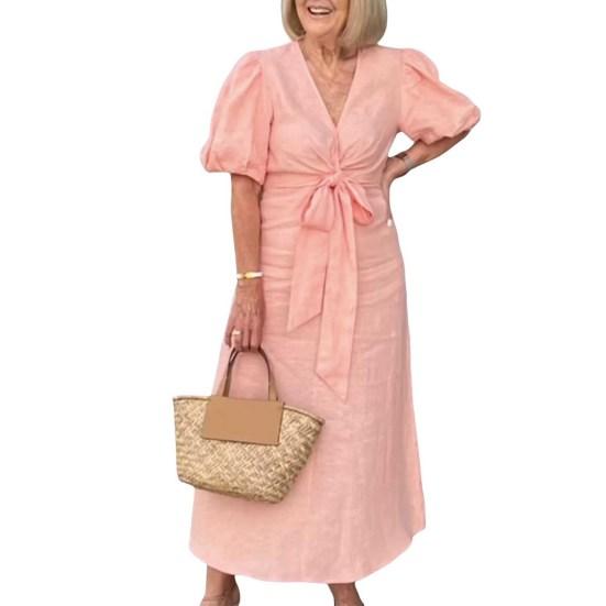 Летнее платье макси с V-образным вырезом, шнуровкой на талии, рукавами-фонариками, однотонное, свободное