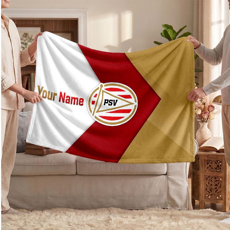 PSV Eindhoven FC Personalized Fleece Blanket With Football Logo, Custom Name Text Soft Warm Home Throw Blanket