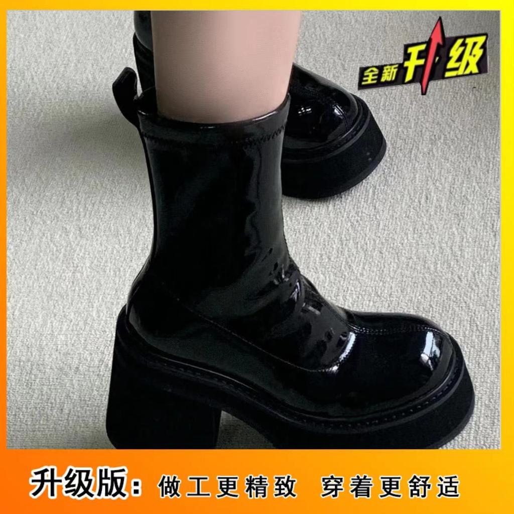 Spice Girl High Heel Waterproof Platform Thick Heel Short Boots Women's 2025 Autumn Black Medium Tube Skinny Boots Martin Boots Ins