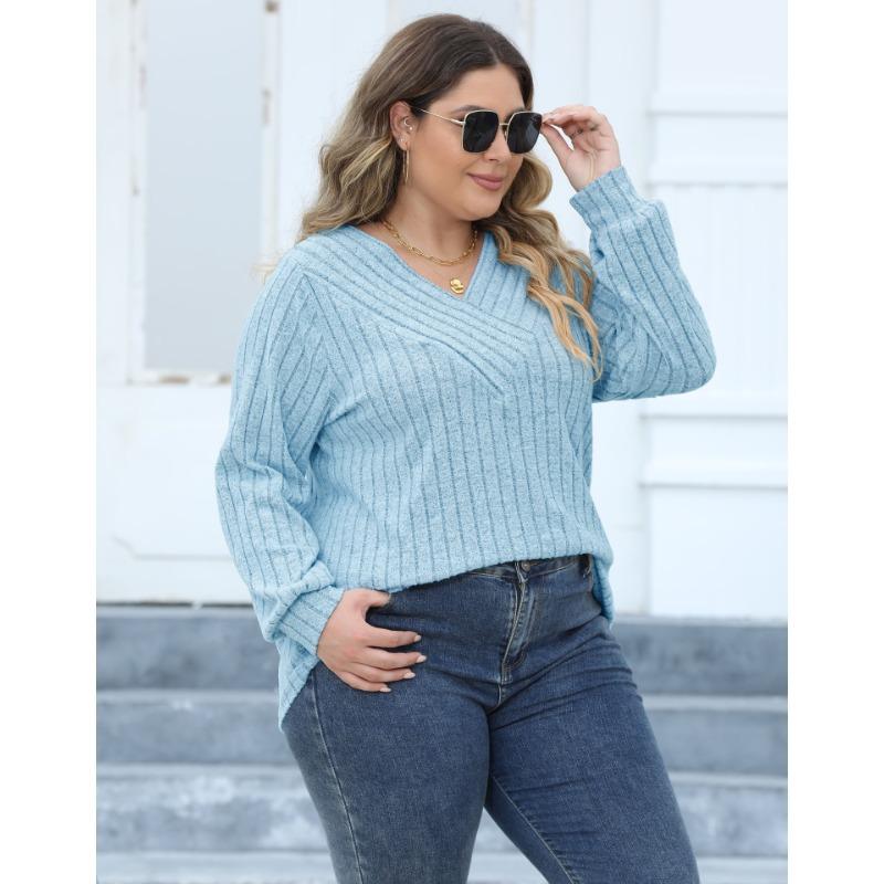 Women's Casual Autumn and Winter Big Size Striped V-neck Cross Bottoming Pullover Jumper