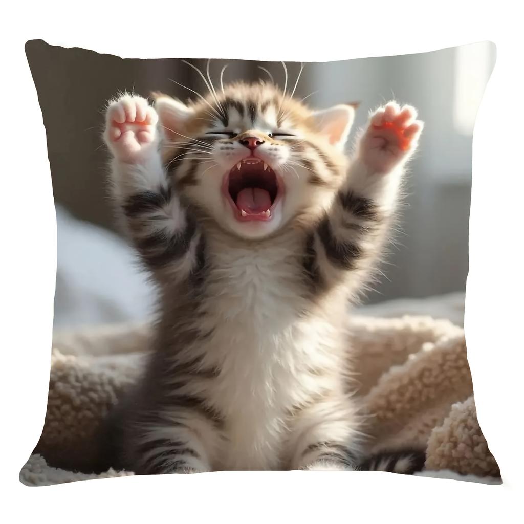 1pc Cute and Playful Kitten Pattern Printed Pillowcase, Polyester Short Plush Zippered Pillow Cover, Single-Sided Print, Machine Washable, 45.72x45.72