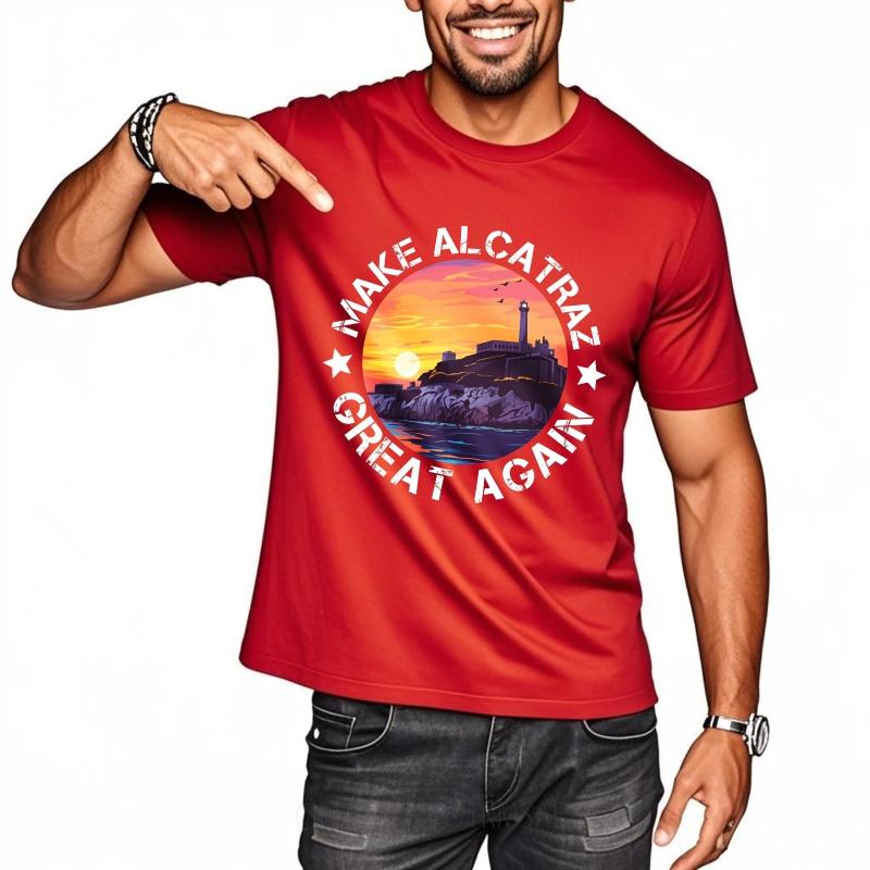 Casual Summer Women T Shirt Make Alcatraz Great Again Sunset Island Scene Short Sleeve Printed Crew Neck Tops Teeshirt For Man