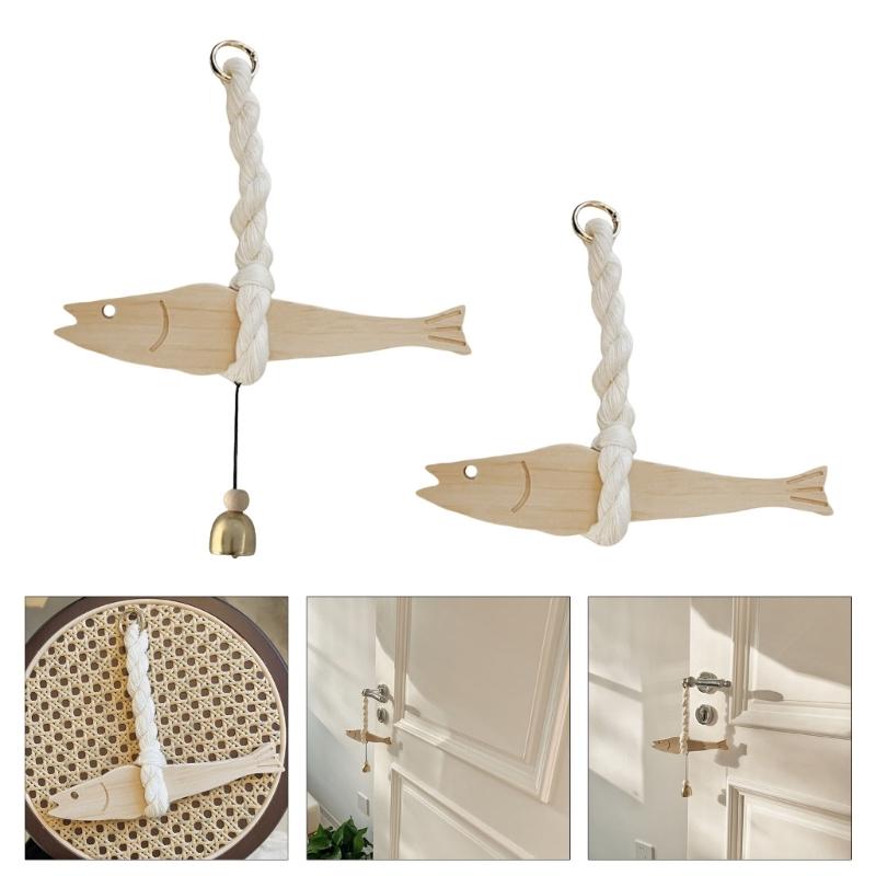 Handcrafts Wooden Fish Door Chimes Hanging Ornament with Bells Door Pendants for Home Office Decoration Wall Art Decors