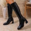 Мода Мода Высокие каблуки Сапоги до колена для женщин Квадратный носок Каблук-копытце Длинные сапоги Женские Осень Зима Патентная кожа Botas Mujer 2025