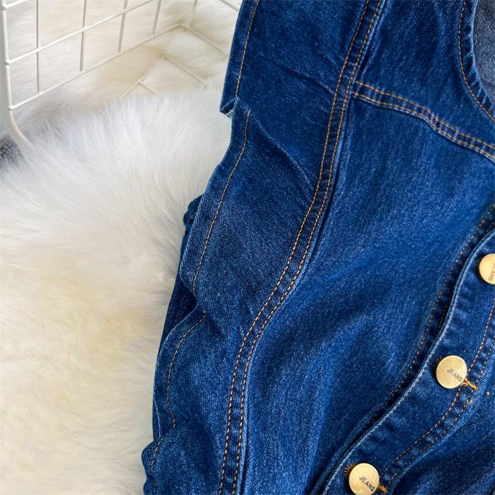 Французское длинное платье с летящими рукавами и круглым вырезом, тонкое джинсовое платье трапециевидной формы, женское винтажное однобортное джинсовое платье Z1780