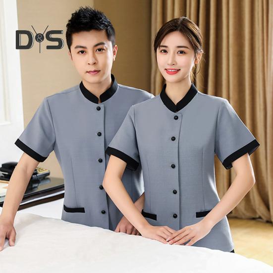 Униформа для ведения домашнего хозяйства в отеле, женская облегающая верхняя одежда с воротником-стойкой и короткими рукавами, однобортные карманы, рабочая униформа, топы