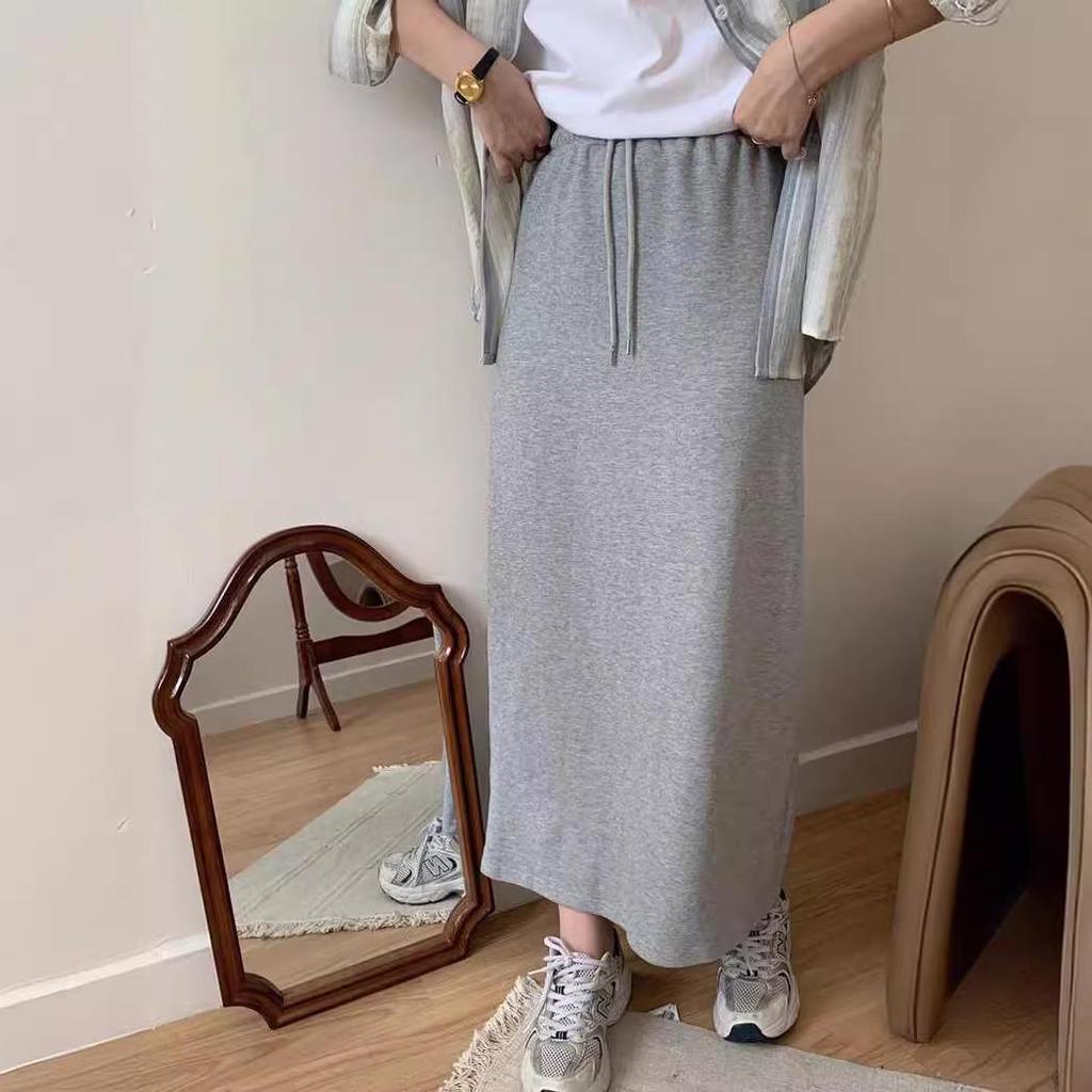 Женская юбка с высокой талией и шнуровкой: Новый стиль весна/осень, повседневное платье А-силуэта с драпировкой, средней длины с разрезом на бедрах.