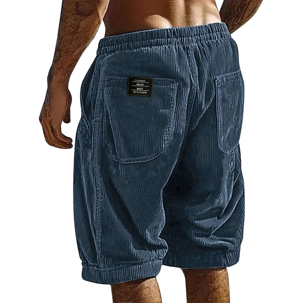 Mens Corduroy Shorts Relaxed Fit Elastic Waistband Patch Pocket Design Casual Knee Length Trousers for Everyday Wear