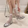 Fashion New Style Silver Sexy Women's Chunky Heels Shoes Fashion Summer Outdoor Banquet High Heels Round Toe Mary Jane Shoes High Heels