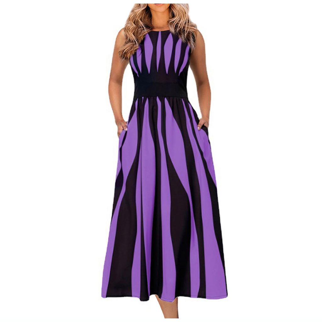 Женское летнее модное повседневное полосатое платье с принтом, с круглым вырезом и закрытой талией, утягивающая юбка без рукавов