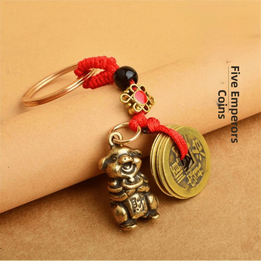 2Pcs Brass Material Five Emperors Money Keychain Fengshui Pendant Personal Accessories