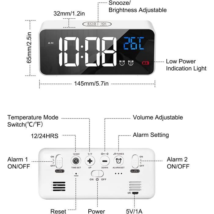 LATEC Réveil Numérique, Alarm Réveil LED avec Fonction Snooze, Charge des Ports USB (Blanc)95