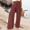 Summer Cotton Linen Wide Leg Pants Women Loose Palazzo Pant Pocket Elastic Waist Button Casual Pants