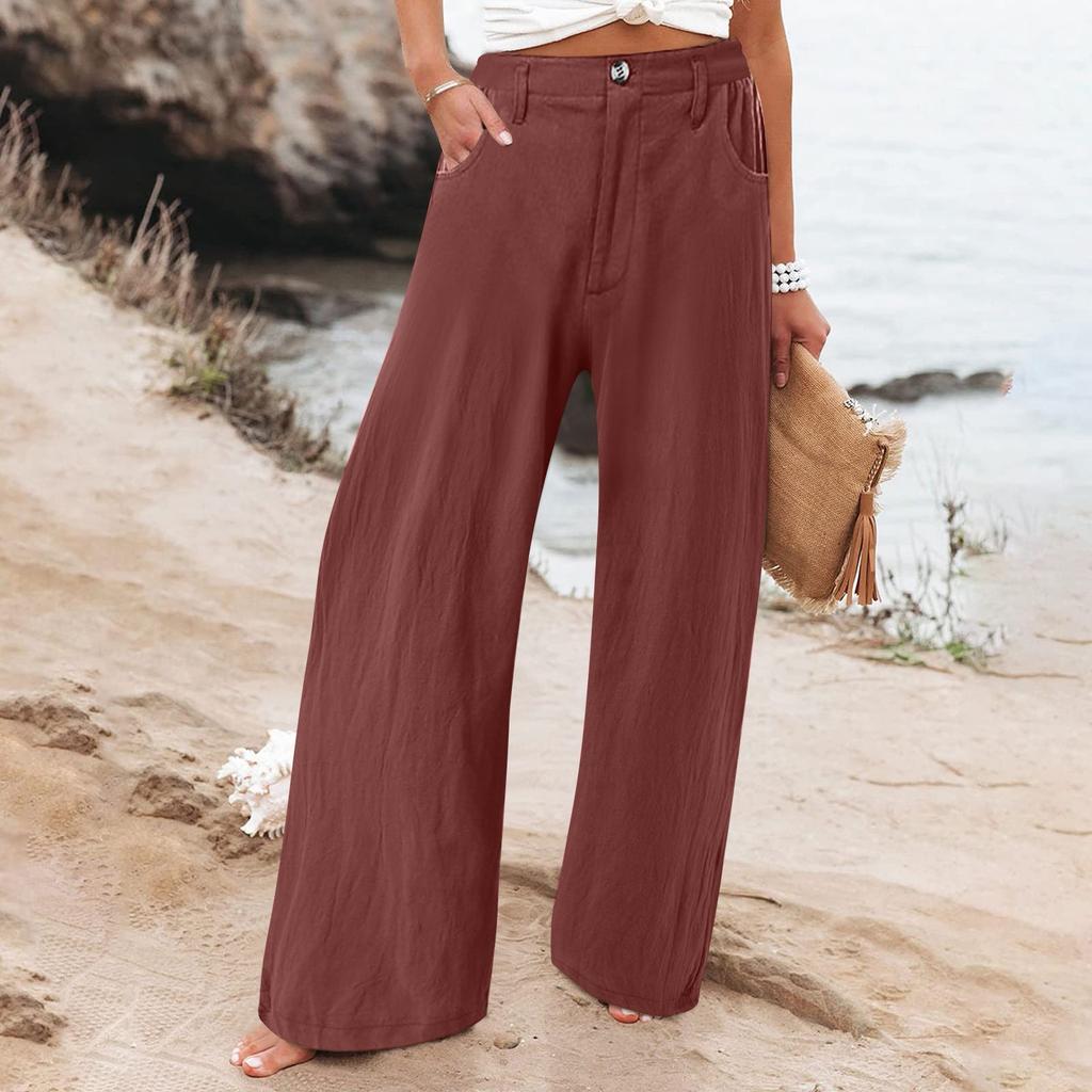 Summer Cotton Linen Wide Leg Pants Women Loose Palazzo Pant Pocket Elastic Waist Button Casual Pants