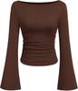 2025 Autumn Slim Fit Women's Boat Neck Bell Sleeve Ruched Top - Solid Color, Long Sleeve