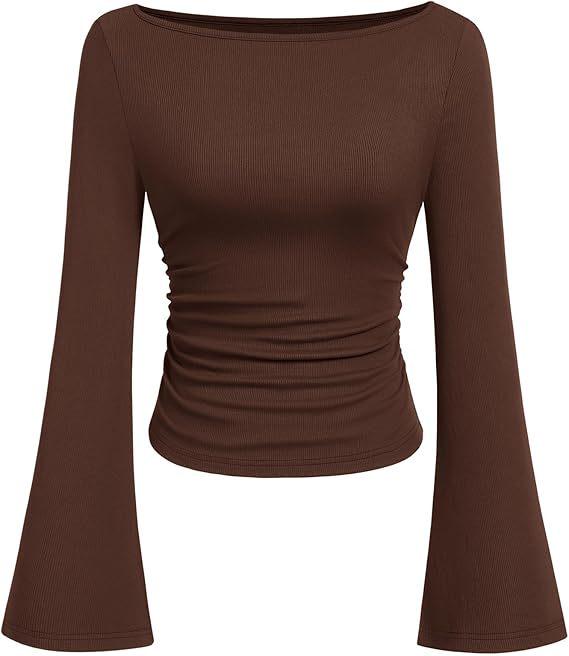 2025 Autumn Slim Fit Women's Boat Neck Bell Sleeve Ruched Top - Solid Color, Long Sleeve