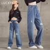 Джинсы для девочек, широкие брюки, прямые хлопковые детские свободные джинсы, рваные джинсовые брюки, модная детская одежда для больших девочек