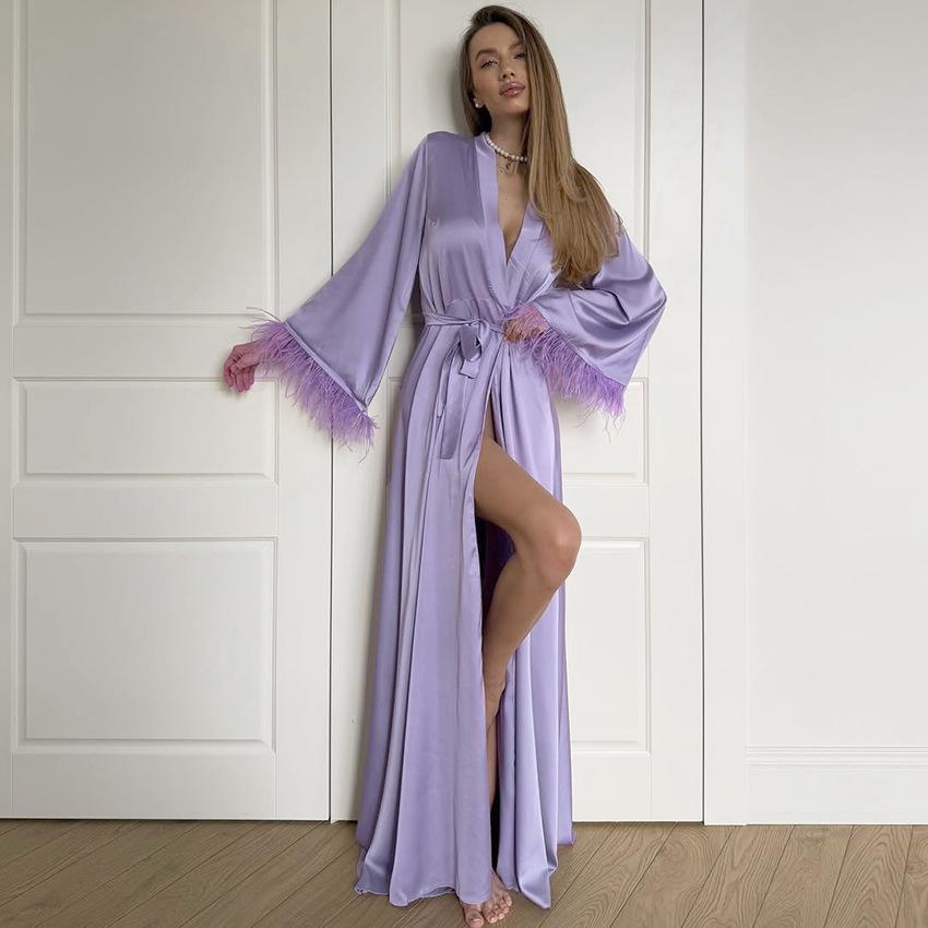 European and American pajamas women's autumn and winter simulation silk satin cuffs with ostrich hair long-sleeved nightgown loungewear