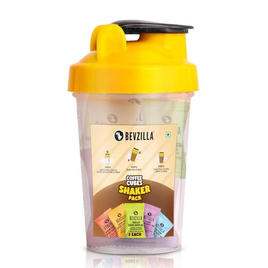 Bevzilla Instant Coffee Cubes & Bottle Pack With 10 Coffee Cubes (2 Cubes Each Flavour)| BPA Free Shaker 500 Ml Leak Proof
