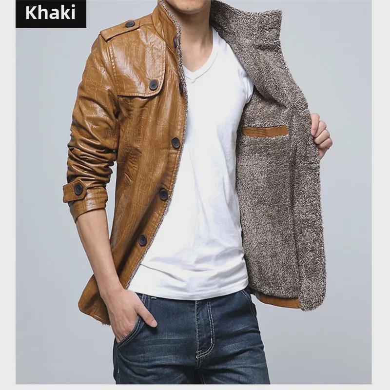 Мужская мотоциклетная куртка средней длины из искусственной кожи с бархатом, повседневный утолщенный дизайн в корейском стиле на осень/зиму