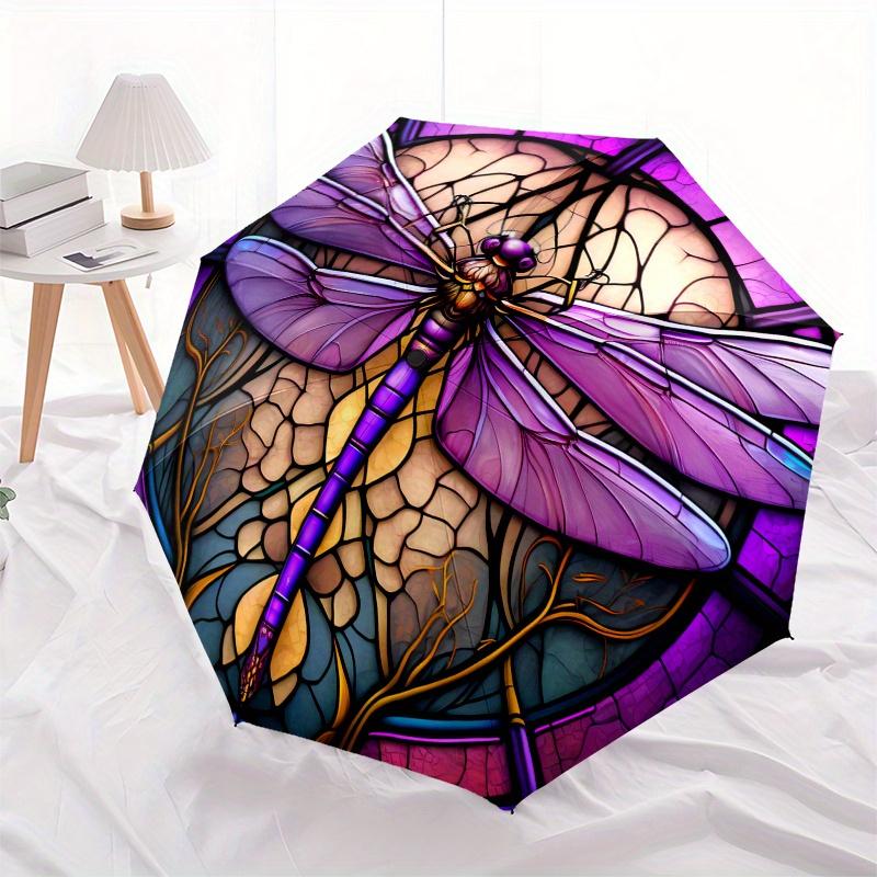 Stained Dragonfly Artwork: Vibrant Purple DesignUmbrella, Portable 3-Fold Compact Umbrella,Christmas Gift ES402