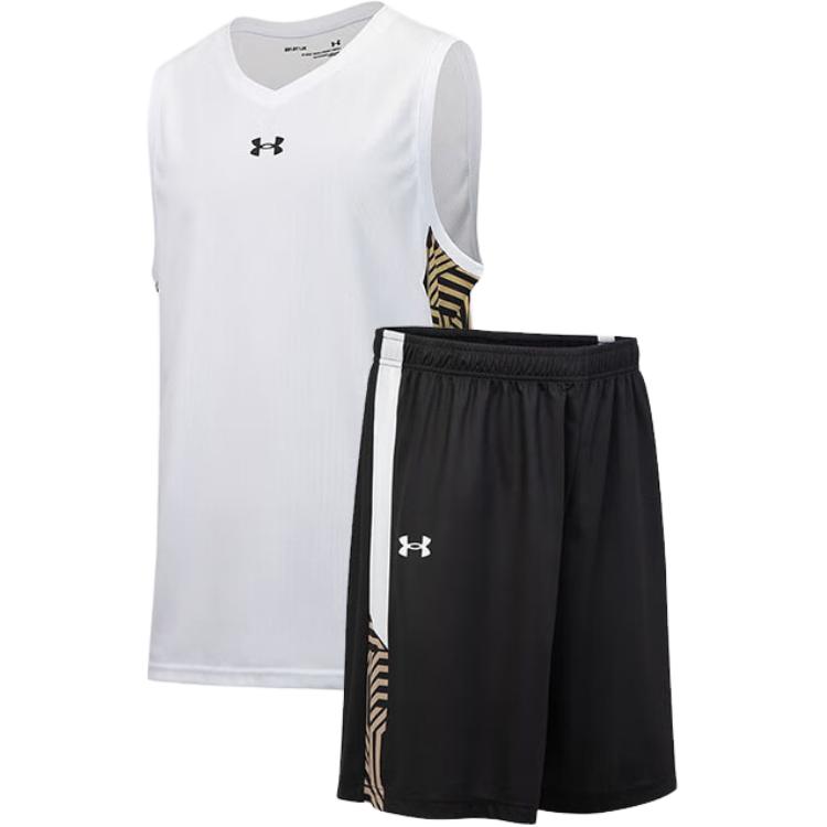 Under Armour Топ-майка с V-образным вырезом и принтом логотипа Вязаные спортивные шорты для тренировок Баскетбольный комплект Мужские комплекты Белый Черный 23500101-100-+-21500201-001