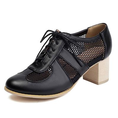 2025 Повседневные женские туфли-лодочки с круглым носком и блочным каблуком 5,5 см, на шнуровке, из дышащей сетки, комбинированные, больших размеров 41 42 43, мягкая обувь на каждый день