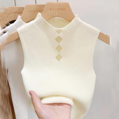 Женская трикотажная майка без рукавов с полувысоким воротом, кружевной свитер, верхняя одежда, топ-труба, короткая футболка