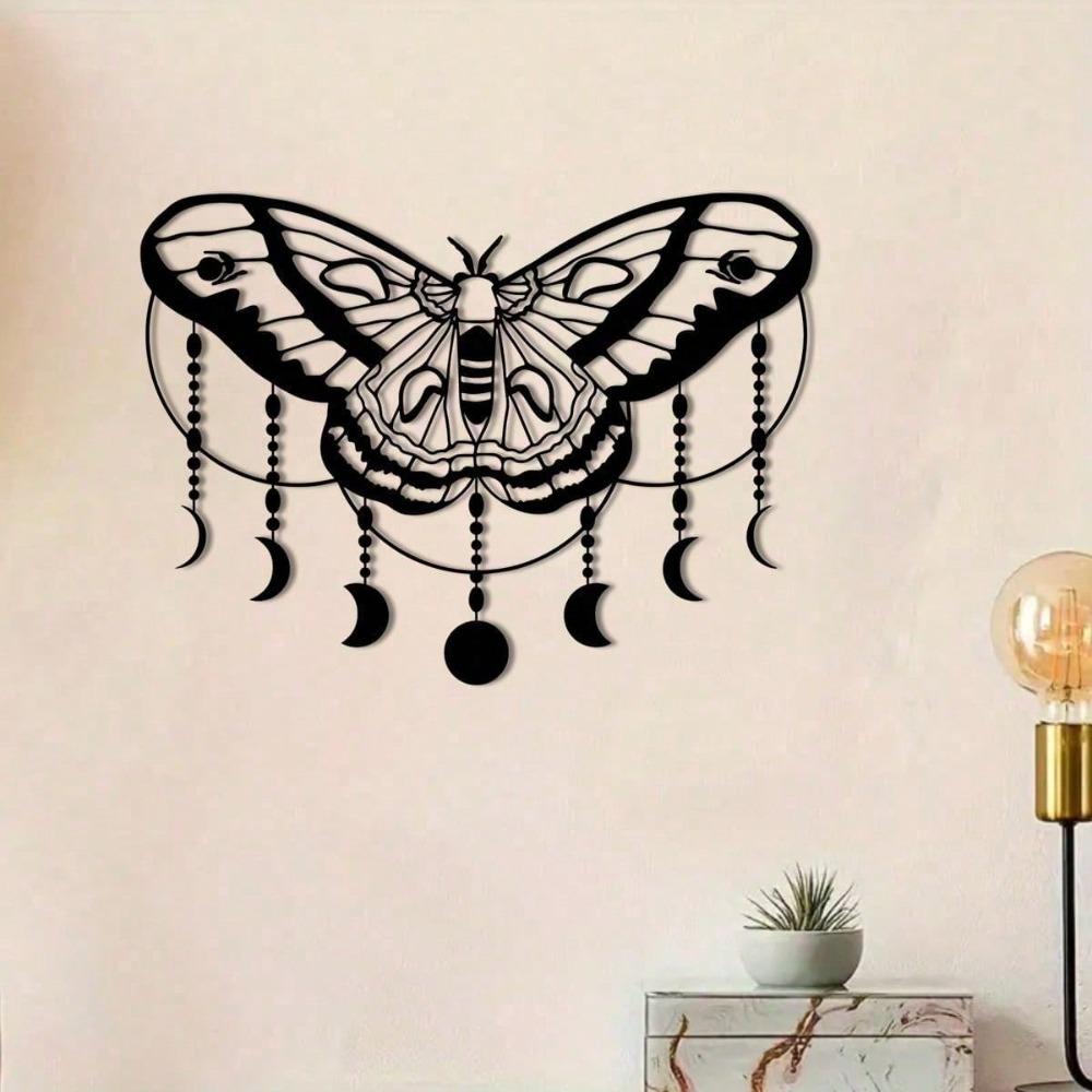 1pc Moth Moon Metal Wall Decor, Witch's Magic Atmosphere, Halloween Decoration Art, Combination Of Moon Phases And Moth Design