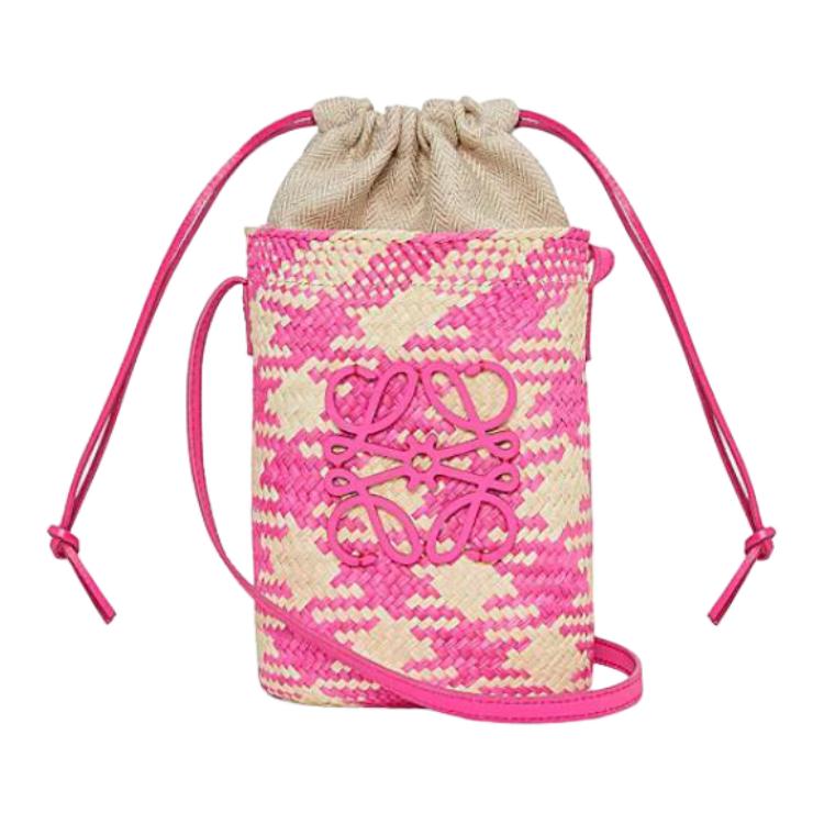 Loewe Houndstooth Pattern Iraca Palm Fiber And Calfskin Leather Shoulder Crossbody Bag Women Bags Natural Purple-Red C630G35X06-2671