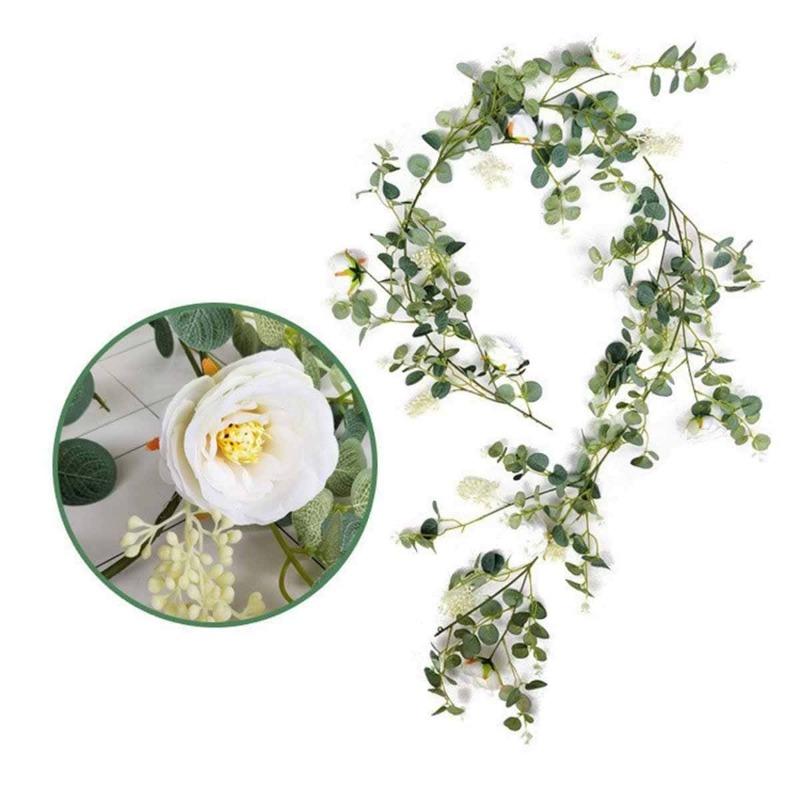 185cm Faux Leaves Floral Artificial Flower Eucalyptus Garland Camellias Silk Rose Peony Vine Decorations for Wedding Wall Decor Garden Home Party