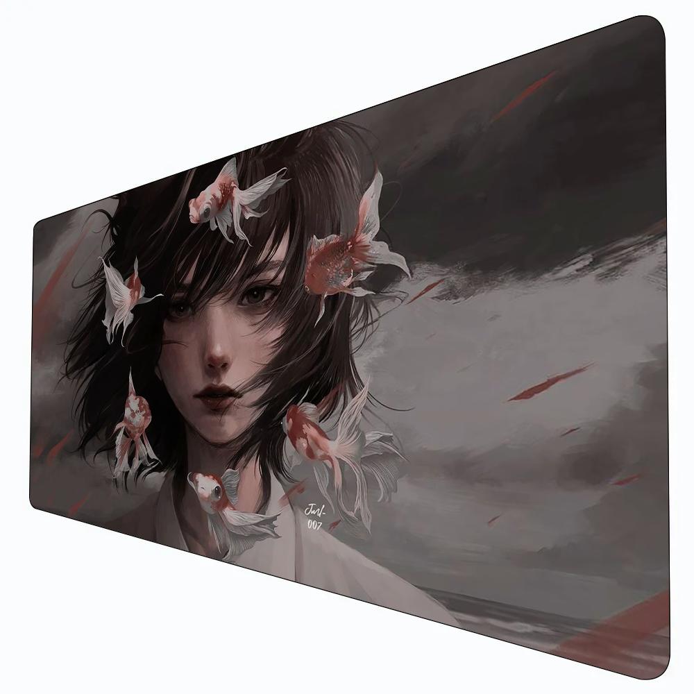 Moody Dark Aesthetic Girl Goldfish Portrait Large Gaming Mouse Pad Oriental Fantasy Art Desk Mat Nonslip Desk Accessories