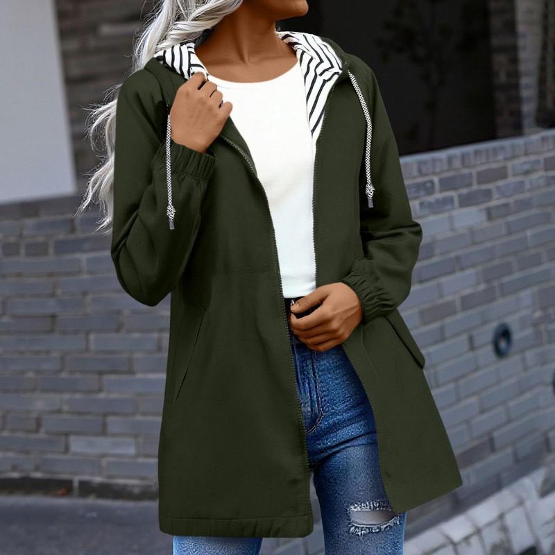 Womens Casual Hooded Long Sleeve Mid-Length Windbreaker Water-Resistant Zip Coat