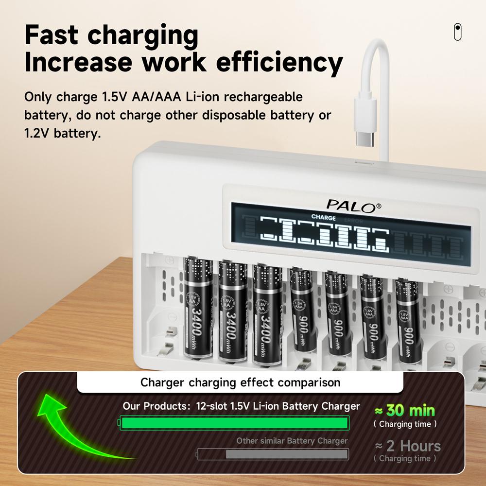 PALO 3400 МВтч, литий-ионная аккумуляторная батарея AA, 1,5 В, литиевые батарейки AA, 2A + 12 слотов, зарядное устройство для аккумуляторов AA, 1,5 В, AAA