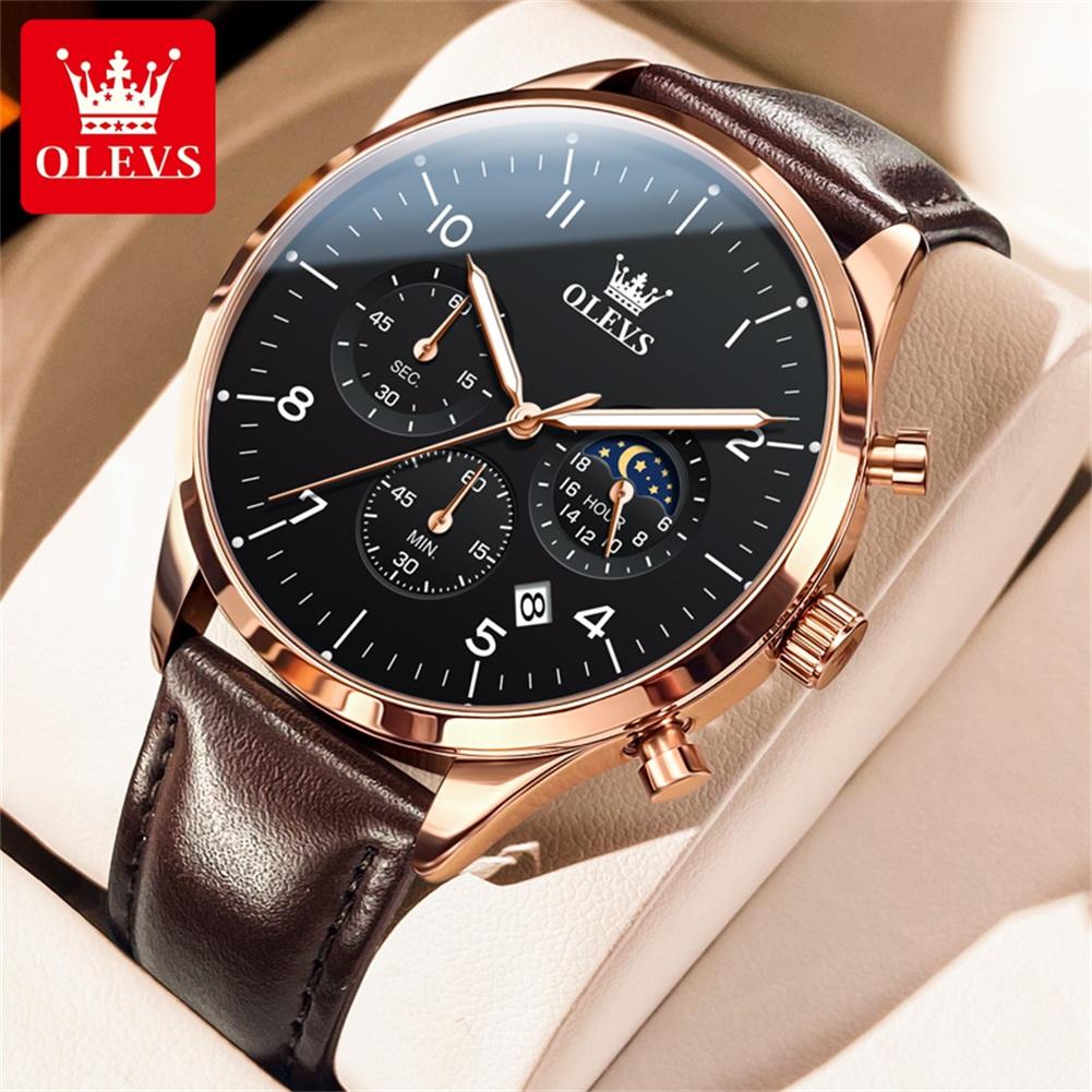 OLEVS Brand Fashion Multifunction Moon Phase Quartz Watch for Men Leather Waterproof Luminous Calendar 24 Hours Mens Watches
