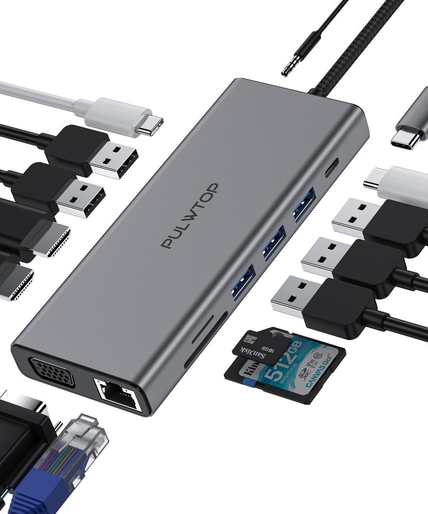 PULWTOP 4k Hd.mi VGA Pd100w Usb c Docking Station Dual Monitor RJ45 Usbc Hubs Phone Docking Ethernet c 11/12 in 1 Usb Type c Hub