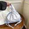 Ins Blue Spring and Summer Women's Floral Plaid Splicing Handbag Drawstring Bundle Mouth Bag Hand Carry Messenger Bag