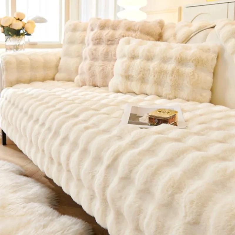 Роскошный плюшевый чехол для дивана из искусственного меха, зимнее теплое полотенце в форме пузыря, подушка, супермягкий пушистый бархатный чехол для домашнего декора
