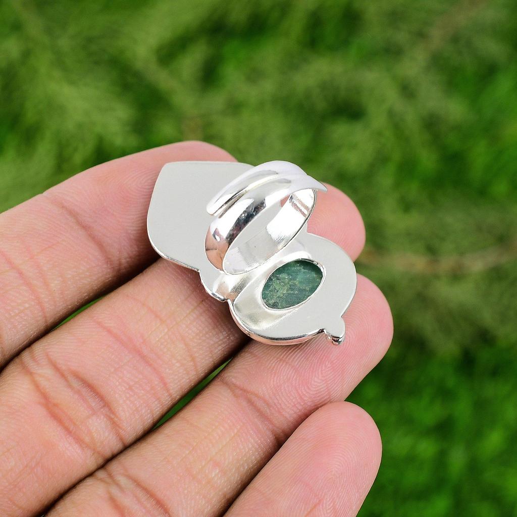 Gift For Her Natural Chrysoprase Statement Bird Adjustable Ring 925 Silver