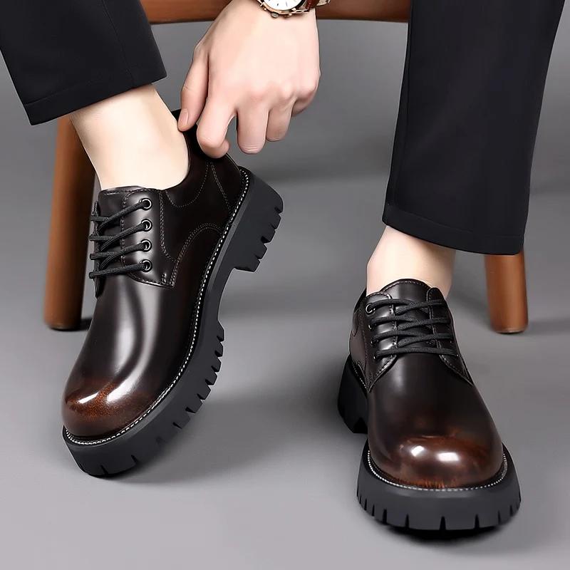 Классические тенденции Весна Открытый Мужская кожаная обувь на платформе Оксфорды Мужские туфли Дерби Повседневная мужская обувь на шнуровке Толстая подошва Рабочая обувь