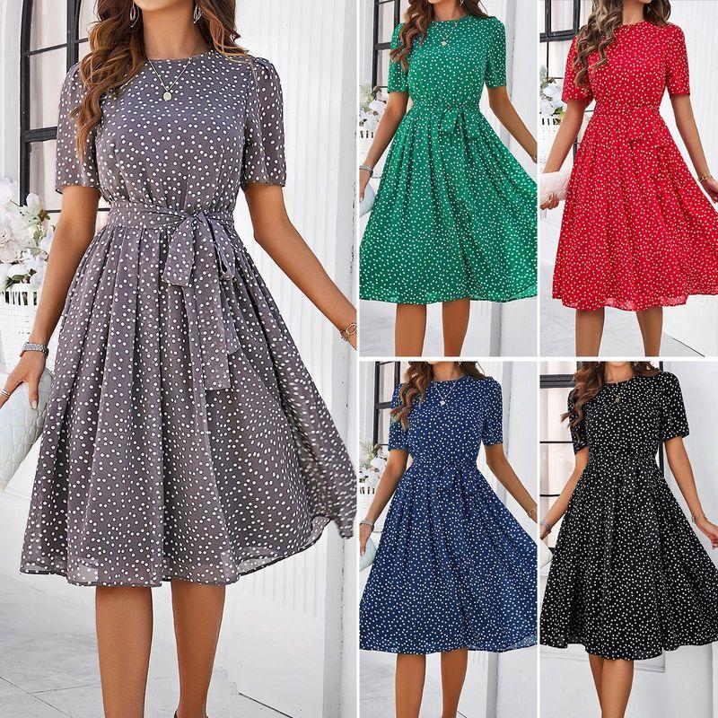 European and American Women Clothes 2025 Spring and Summer Elegant Casual Polka Dot Lace-up Long Dress Dress Polka Dot Dress