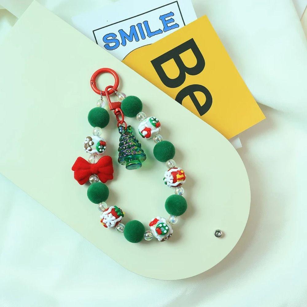 Santa Claus Plush Beads Keychain Christmas Tree Beaded Cell Phone Lanyard Unisex