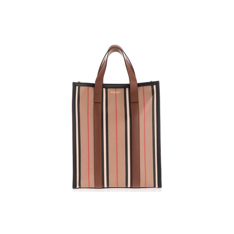 Burberry Iconic Stripe Canvas Vertical Tote Bag With Brown Leather Trim For Daily Use