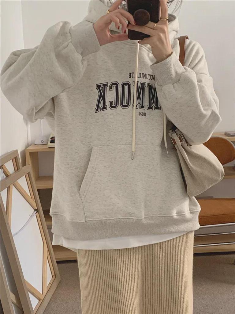 Women's Plush Hooded Sweatshirt – Loose Fit, Letter Print, Trendy Korean Style for Autumn/Winter