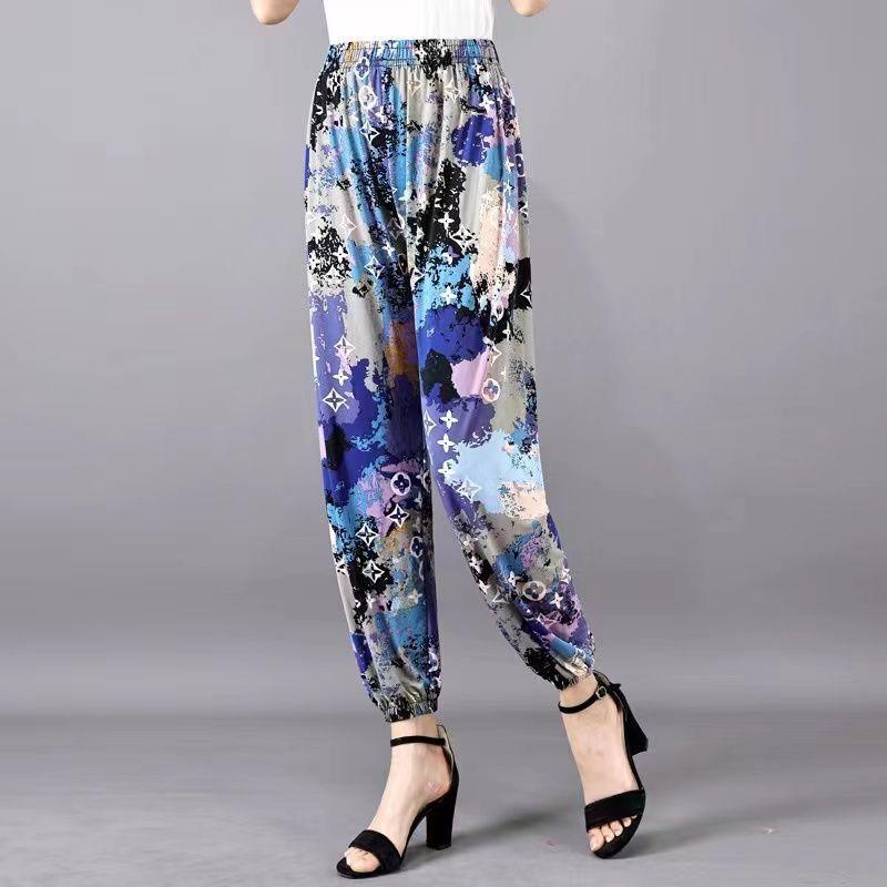 Летние женские брюки с цветочным принтом, брюки-шаровары для мам, брюки с обтачкой ног, эластичные летние брюки больших размеров