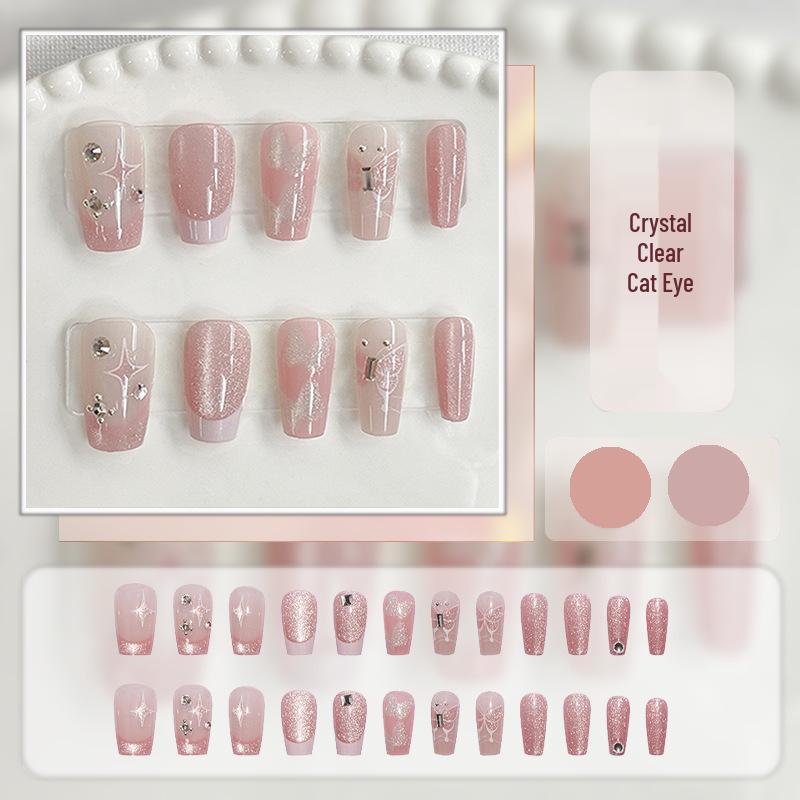 Cat Eye Press-On Nails: Luxurious Nail Art Tips with Stone Glass Beads In Long & Short Whitening Styles