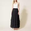 Women Cake Skirt Solid Color Mid-Waist Long Skirt with Elastic Waist Mesh Hem A-Line Maxi Skirt Daily Wear