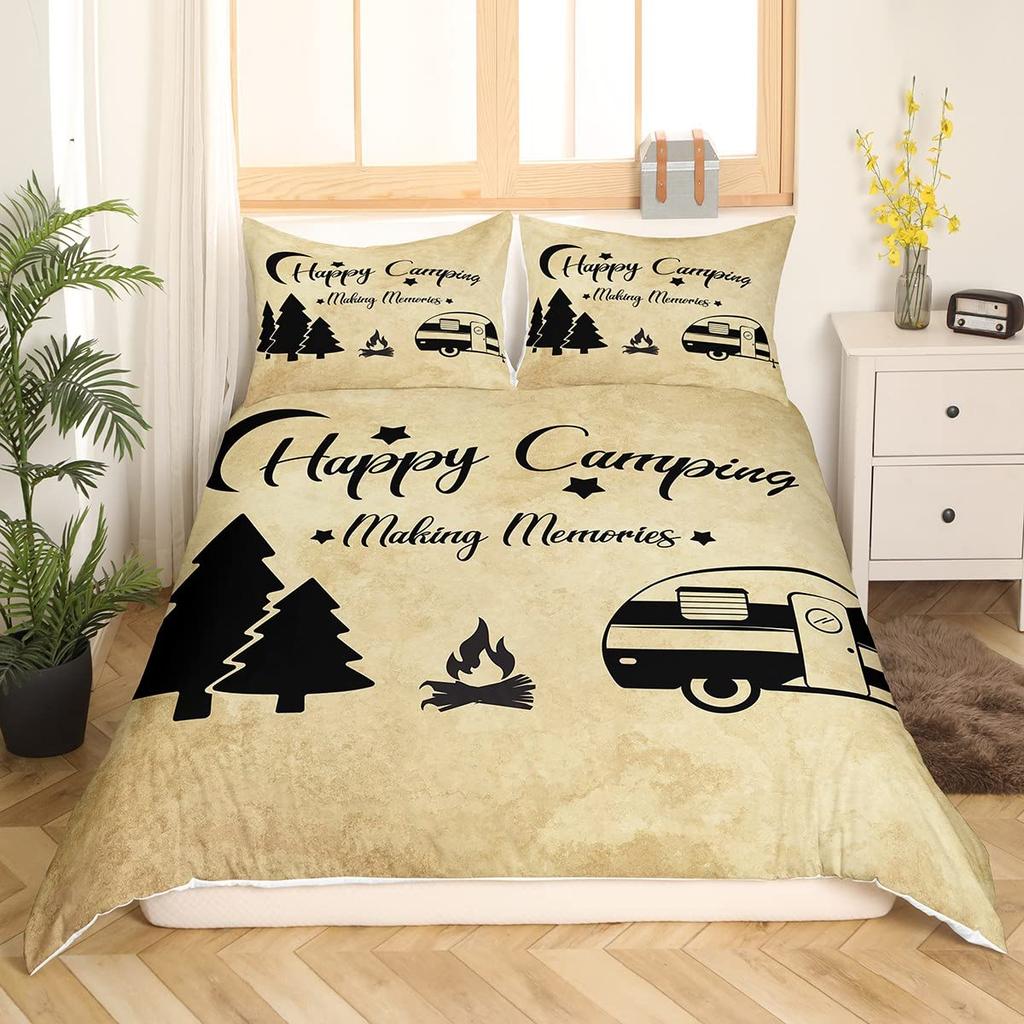 Erosebridal Rustic Farmhouse Bedding - Happy Camping Duvet Cover for Boys Kids Teens, Black Sketch Drawing Comforter Cover Vintage Old Barn