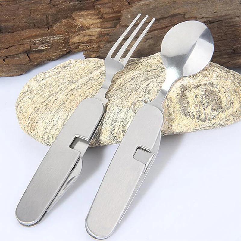 4 In 1 Outdoor Camping Tableware Folding Spoon Fork Knife Opener Stainless Steel Portable Pocket Sets for Hiking Travel Survival